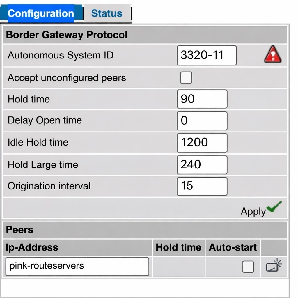BGP-Konfiguration im Gerätewebinterface: Autonomous System, Peers und Policies – im D-FAXIX-Setup per Web, Bestätigung weiter per Fax an die NOC